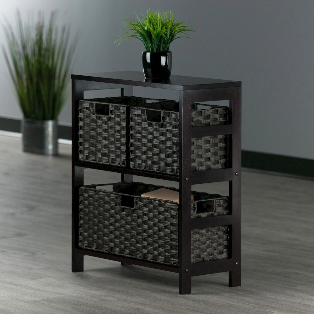 Leo 4-Pc Storage Shelf with 3 Foldable Woven Baskets, Espresso and Chocolate. Picture 6