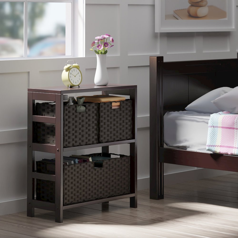 Leo 4-Pc Storage Shelf with 3 Foldable Woven Baskets, Espresso and Chocolate. Picture 7