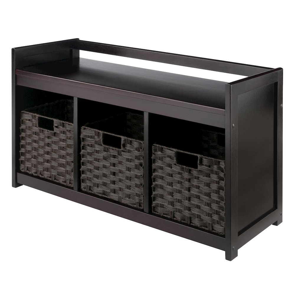 Addison 4-Pc Storage Bench with 3 Foldable Woven Baskets, Espresso and Chocolate. Picture 1