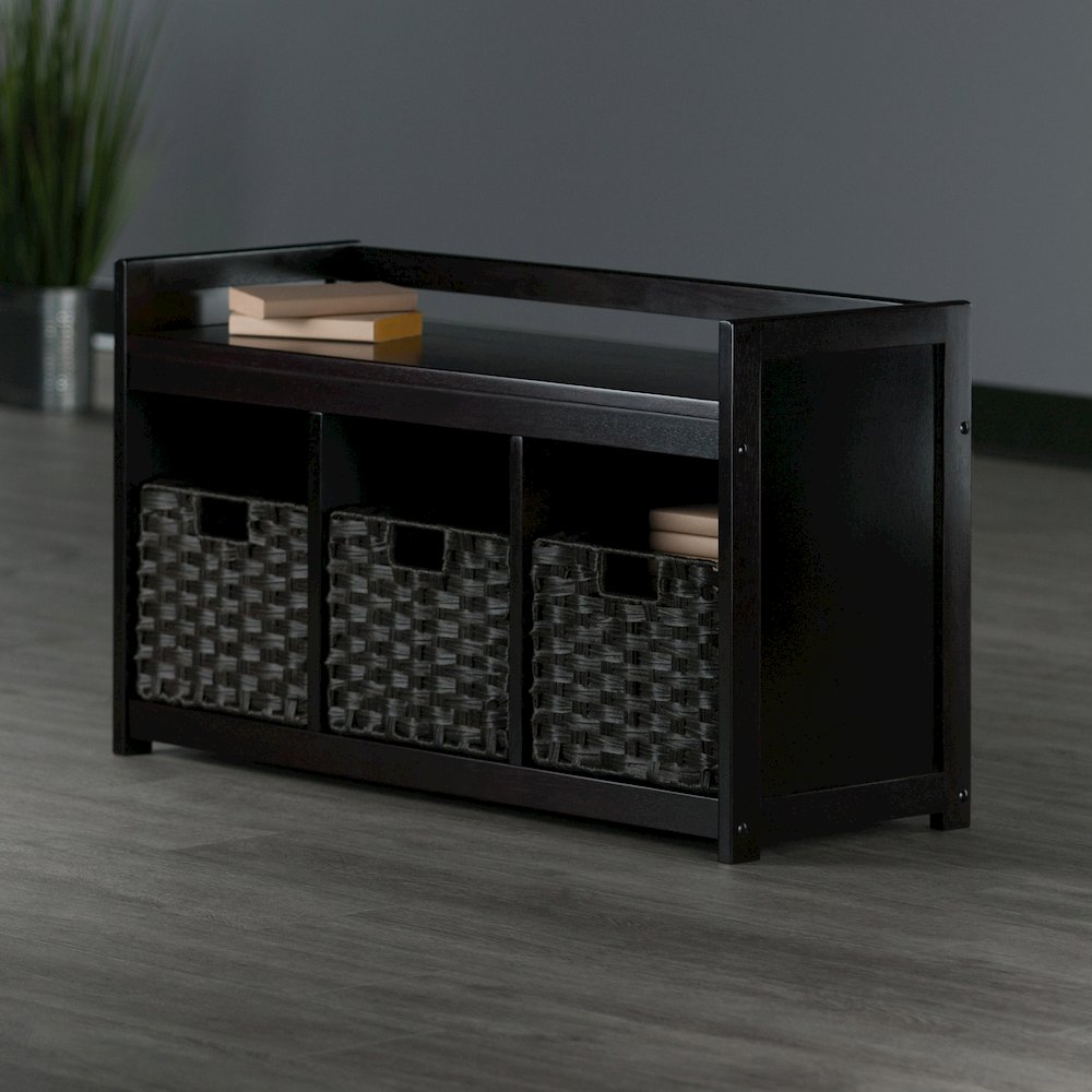 Addison 4-Pc Storage Bench with 3 Foldable Woven Baskets, Espresso and Chocolate. Picture 7