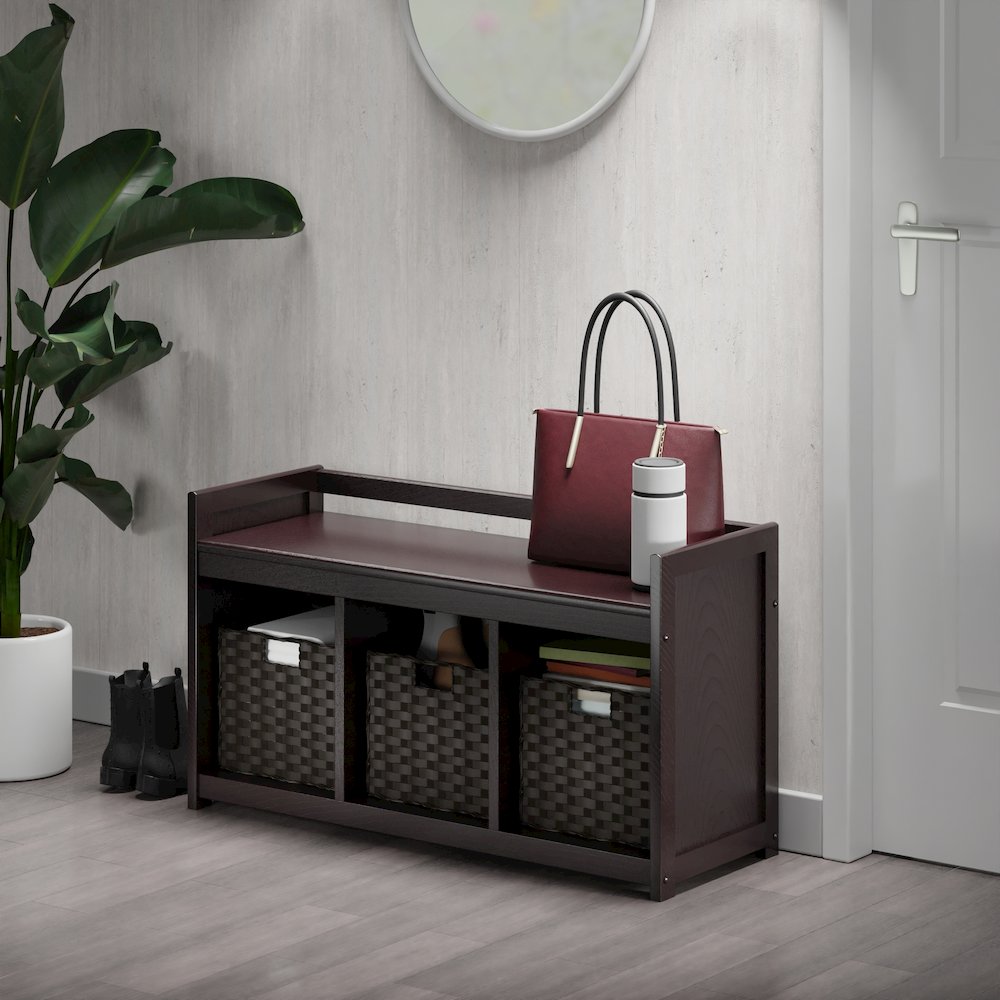 Addison 4-Pc Storage Bench with 3 Foldable Woven Baskets, Espresso and Chocolate. Picture 8
