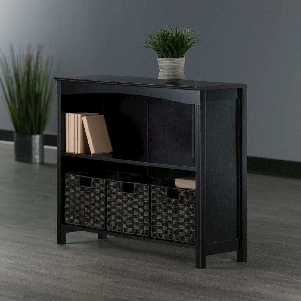 Terrace 4-Pc Storage Shelf with 3 Foldable Woven Baskets, Walnut and Chocolate. Picture 6