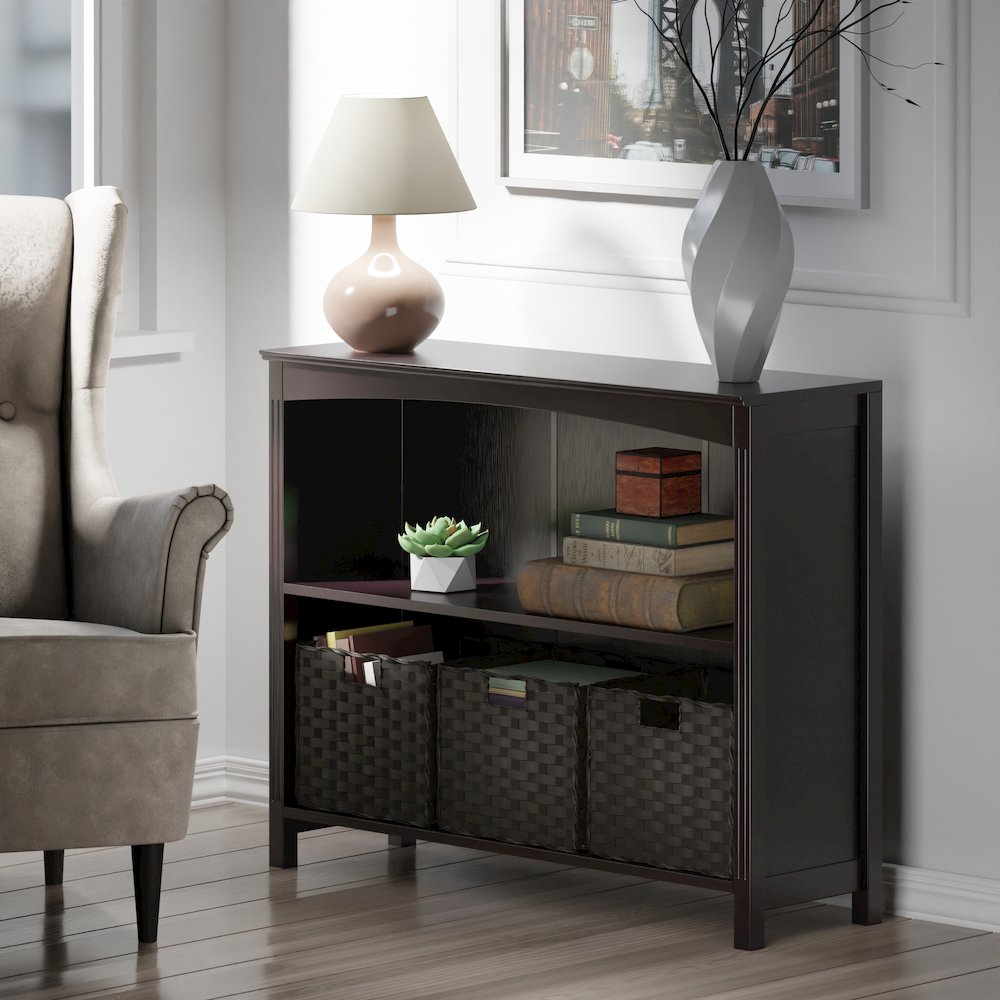 Terrace 4-Pc Storage Shelf with 3 Foldable Woven Baskets, Walnut and Chocolate. Picture 7