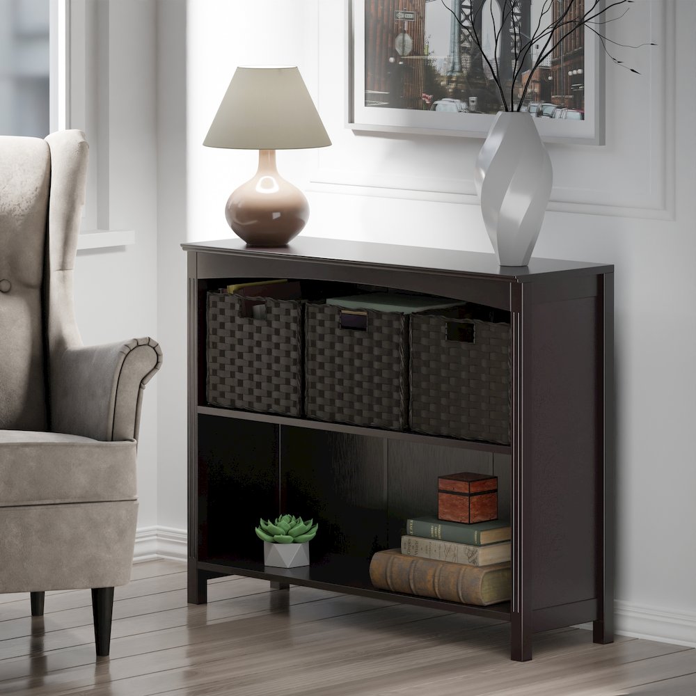 Terrace 4-Pc Storage Shelf with 3 Foldable Woven Baskets, Walnut and Chocolate. Picture 8