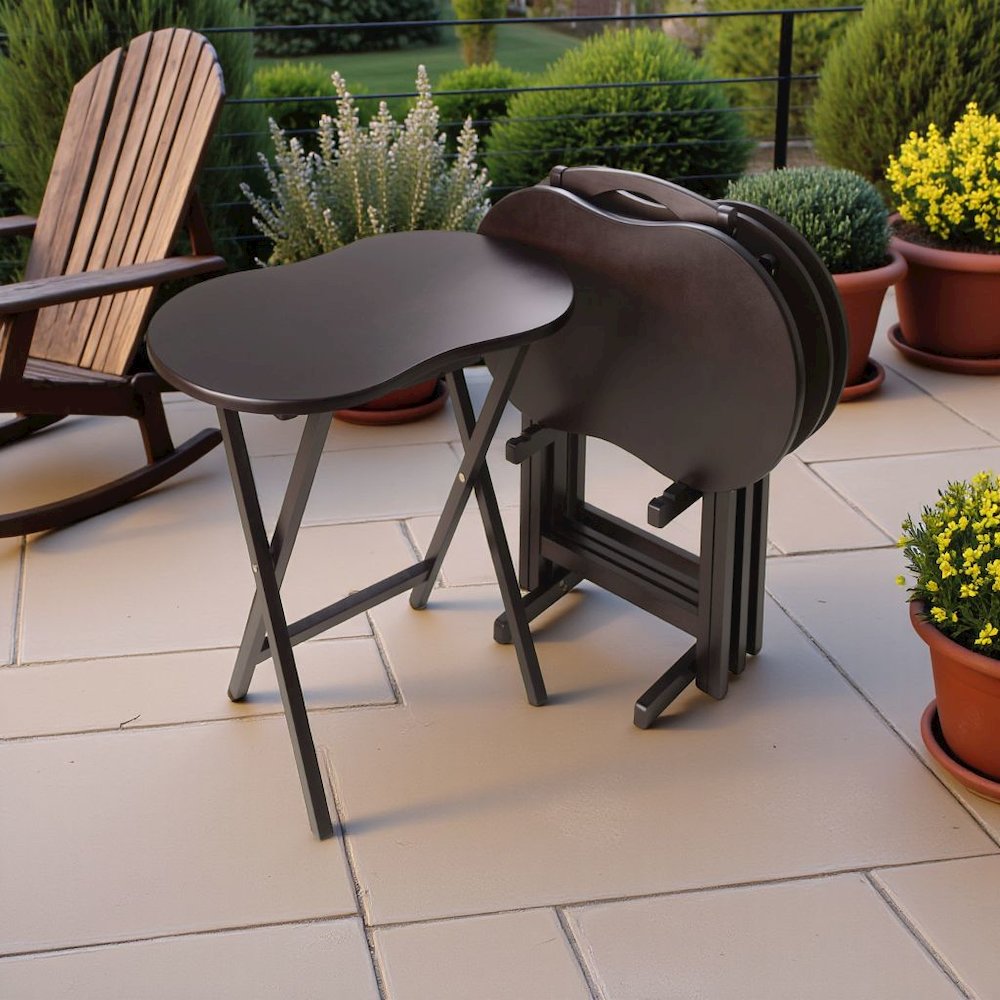 Dark Espresso Solid Wood TV Tray Set – Folding Snack Tables with Stand. Picture 2