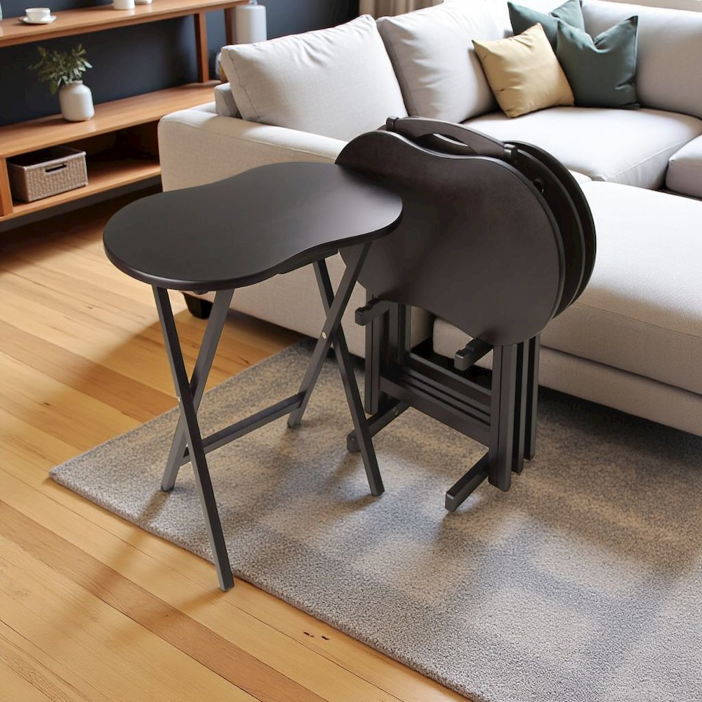Dark Espresso Solid Wood TV Tray Set – Folding Snack Tables with Stand. Picture 3