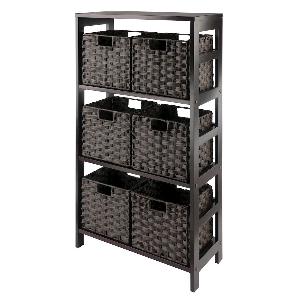 Leo 7-Pc Storage Shelf with 6 Foldable Woven Baskets, Espresso and Chocolate. Picture 1