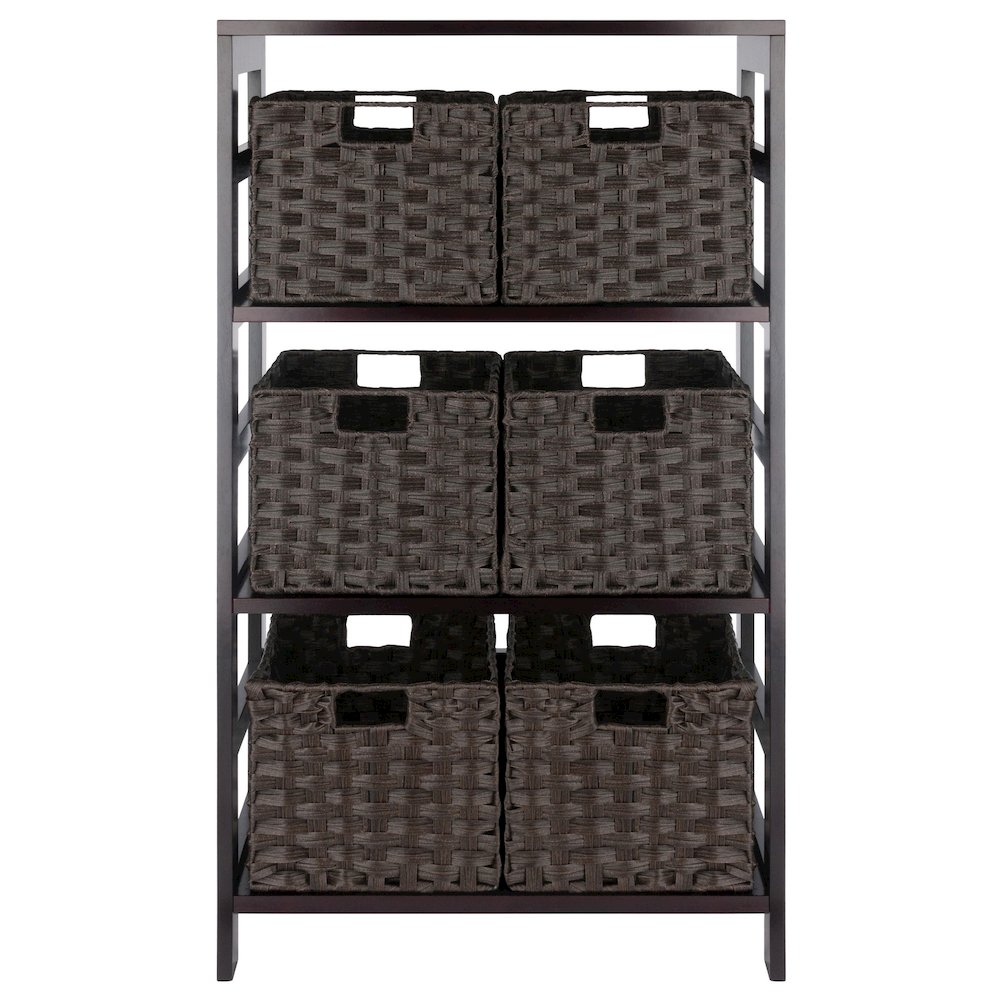 Leo 7-Pc Storage Shelf with 6 Foldable Woven Baskets, Espresso and Chocolate. Picture 2