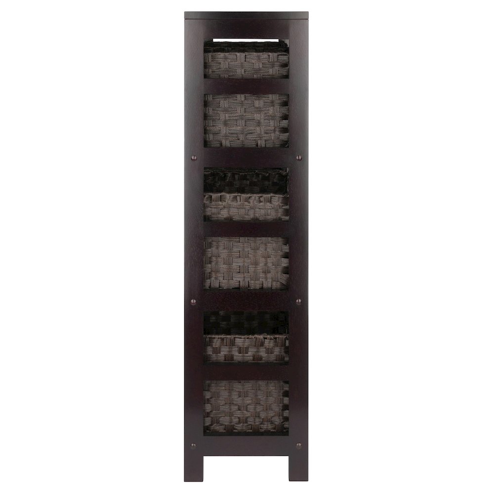 Leo 7-Pc Storage Shelf with 6 Foldable Woven Baskets, Espresso and Chocolate. Picture 3