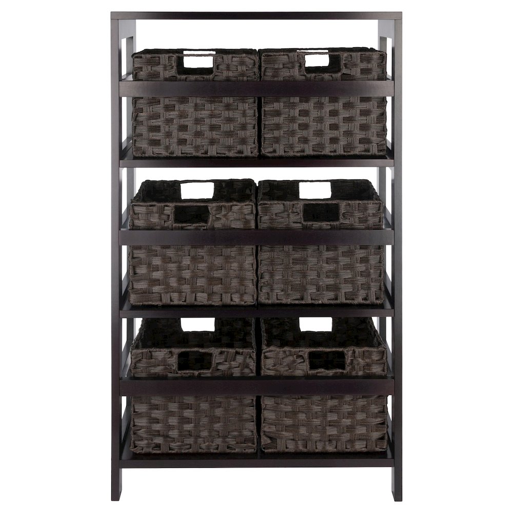 Leo 7-Pc Storage Shelf with 6 Foldable Woven Baskets, Espresso and Chocolate. Picture 4
