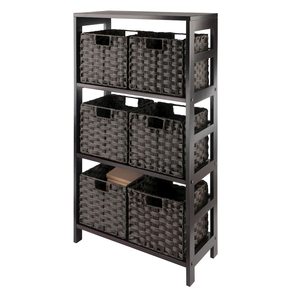 Leo 7-Pc Storage Shelf with 6 Foldable Woven Baskets, Espresso and Chocolate. Picture 5