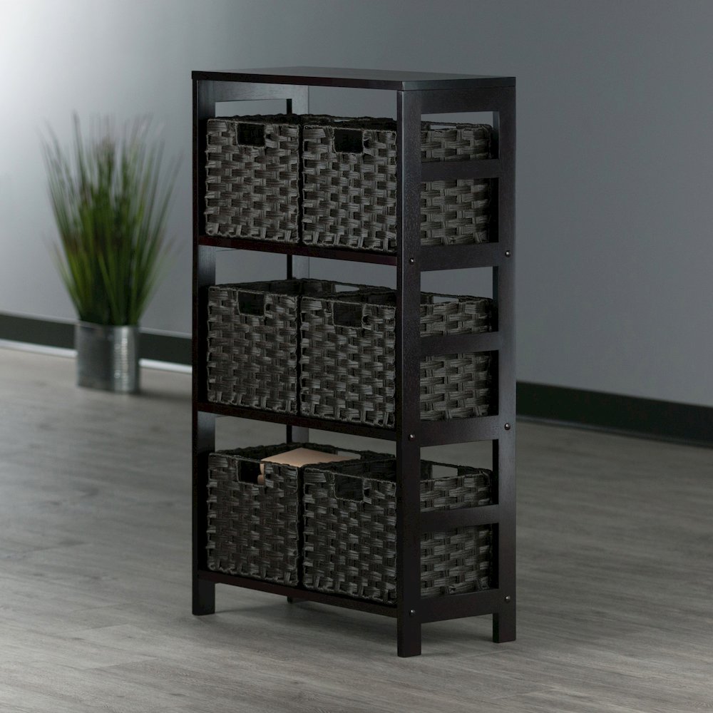Leo 7-Pc Storage Shelf with 6 Foldable Woven Baskets, Espresso and Chocolate. Picture 6