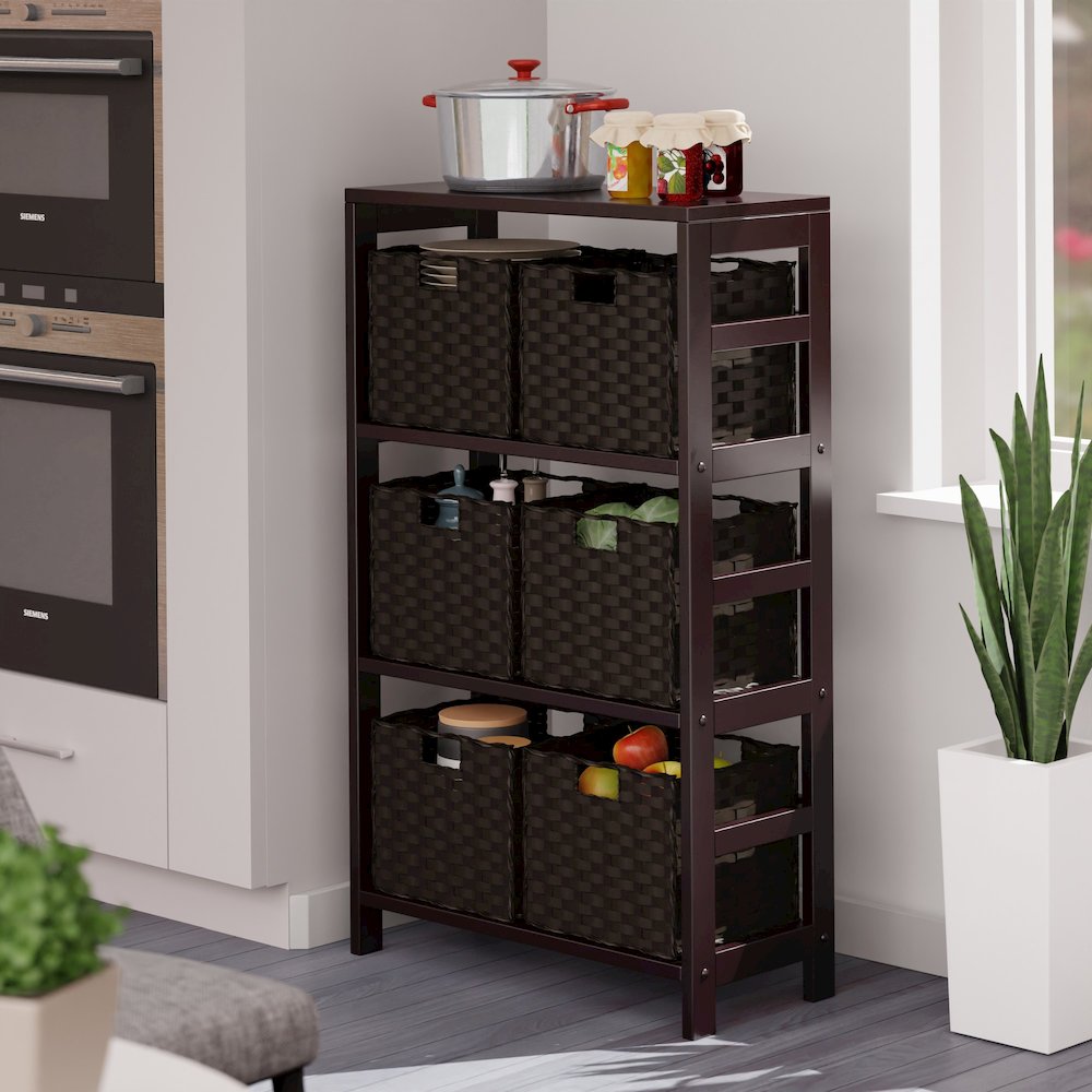 Leo 7-Pc Storage Shelf with 6 Foldable Woven Baskets, Espresso and Chocolate. Picture 7