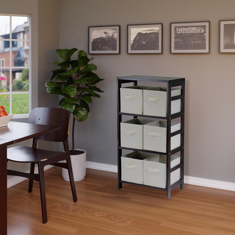 Capri 3-Section M Storage Shelf with 6 Foldable Beige Fabric Baskets. Picture 1
