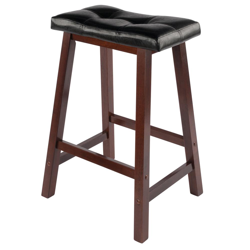 Mona 24" Cushion Saddle Seat Stool, Black Faux Leather, Wood Legs, RTA. Picture 1