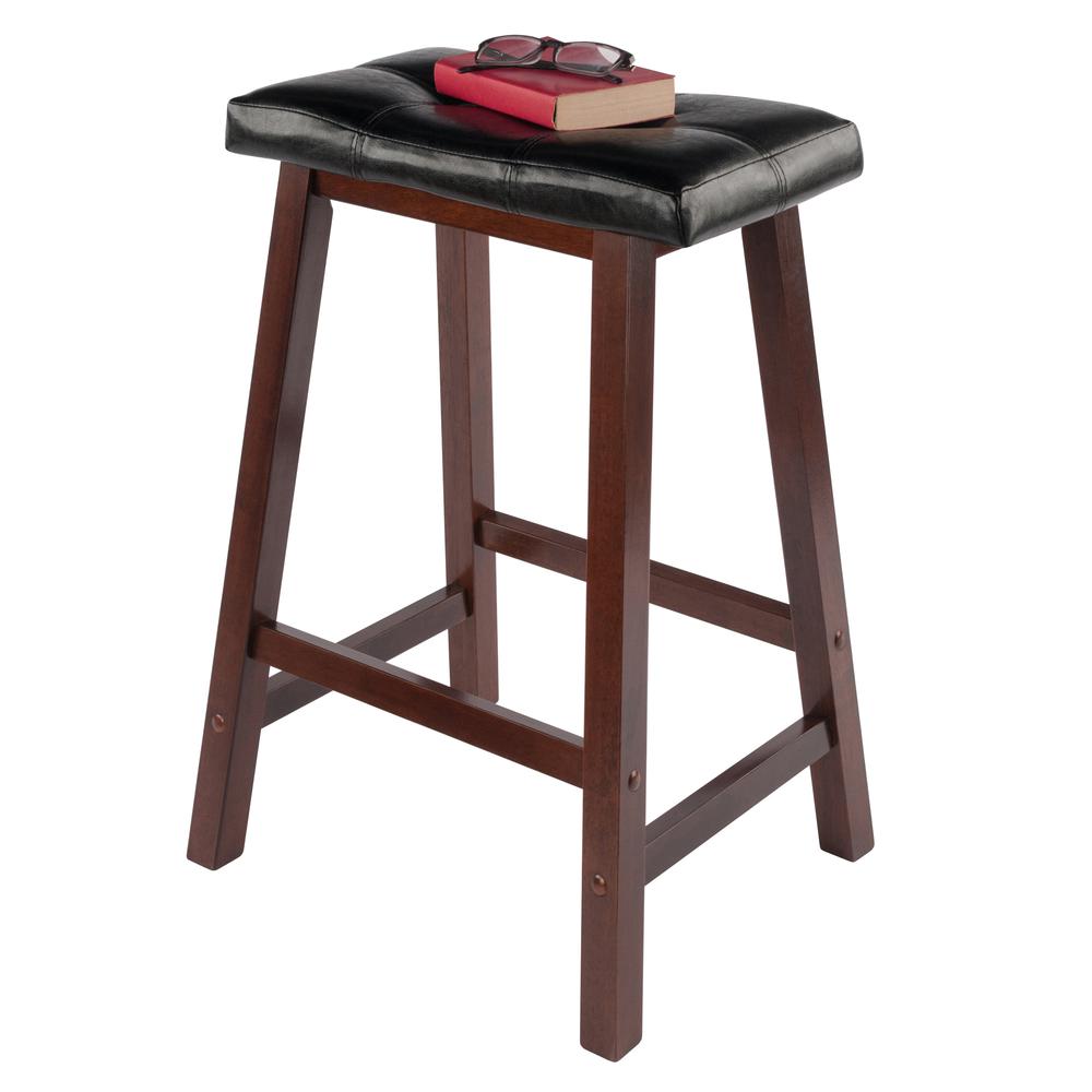 Mona 24" Cushion Saddle Seat Stool, Black Faux Leather, Wood Legs, RTA. Picture 5