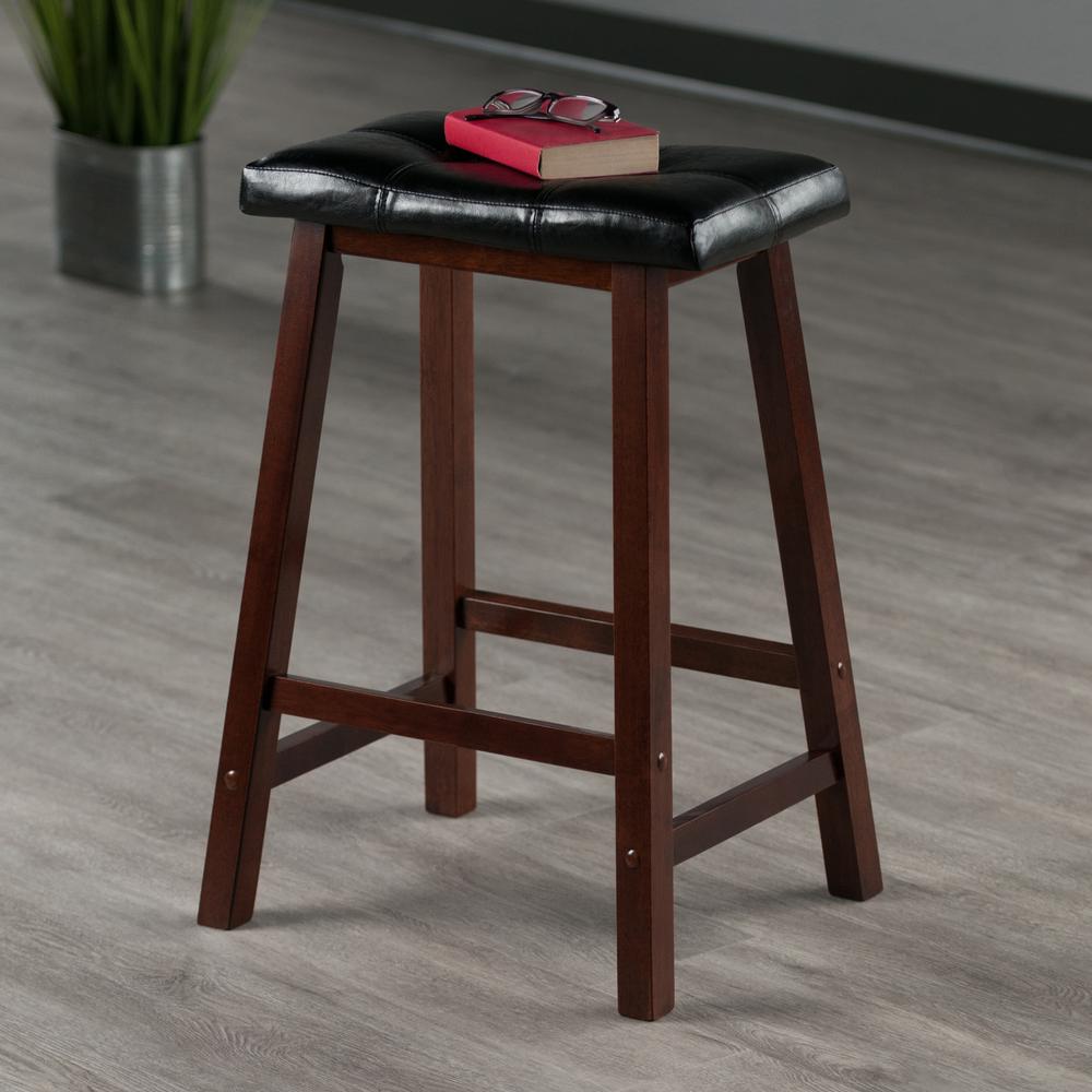 Mona 24" Cushion Saddle Seat Stool, Black Faux Leather, Wood Legs, RTA. Picture 7