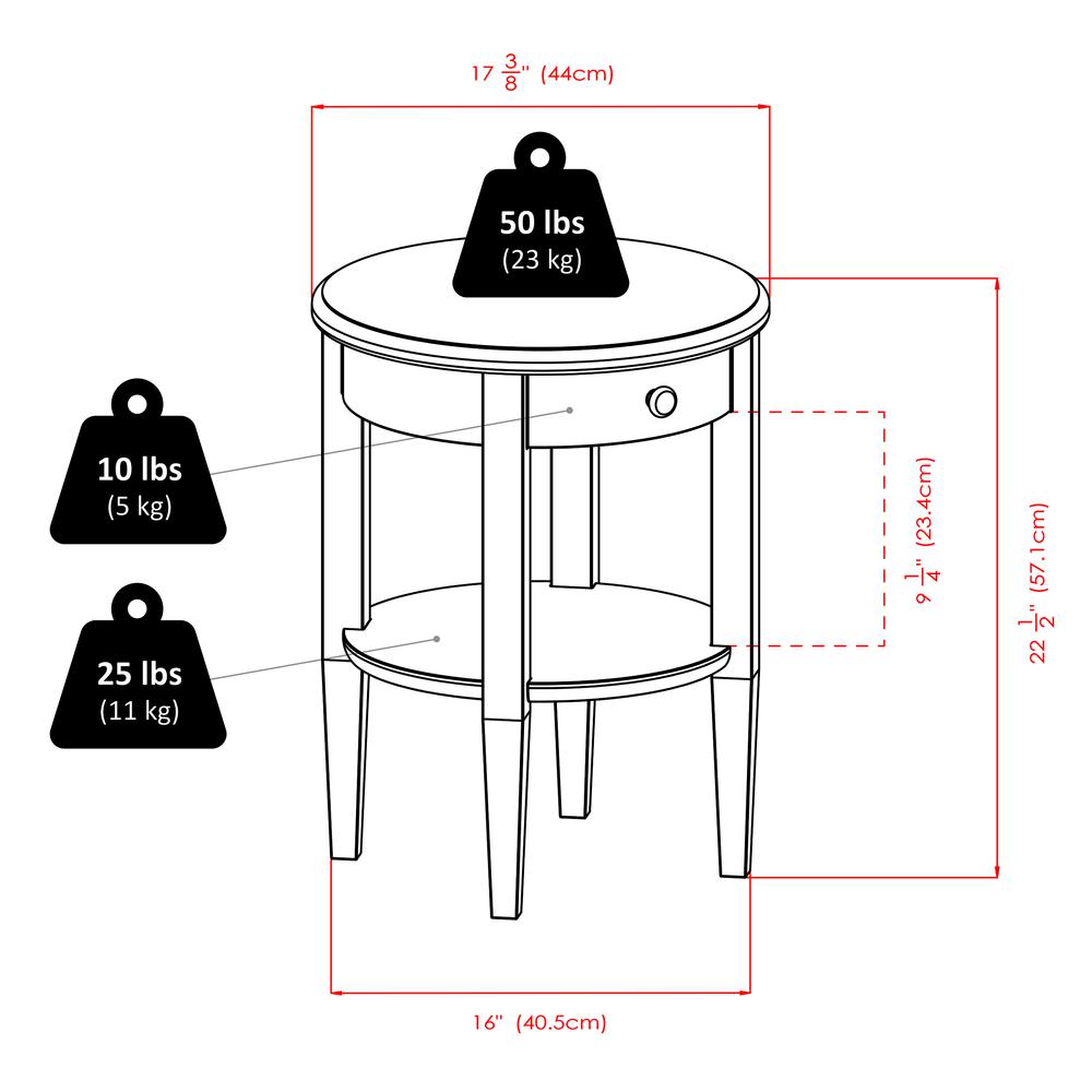 Concord Round End Table with Drawer and Shelf. Picture 8