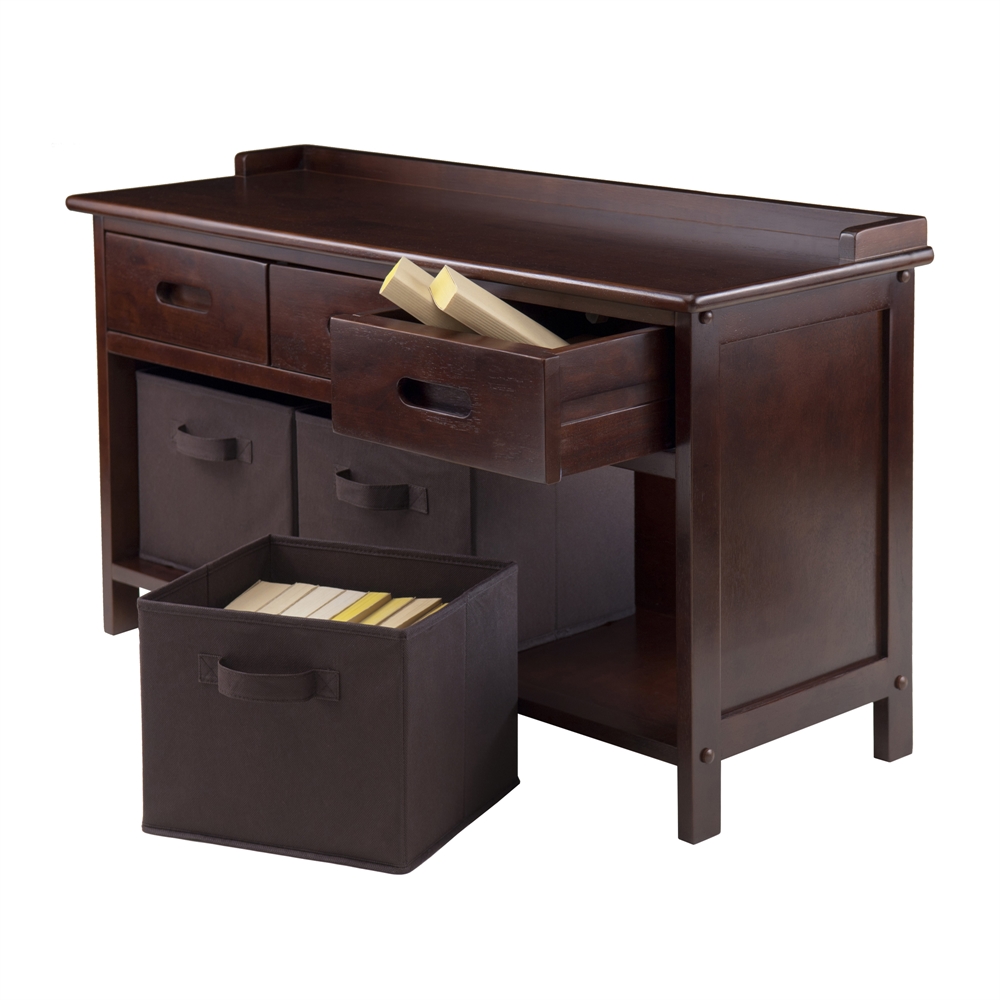 Adriana 4-Pc Storage Bench Set with 3 Foldable Chocolate Fabric Baskets. Picture 2