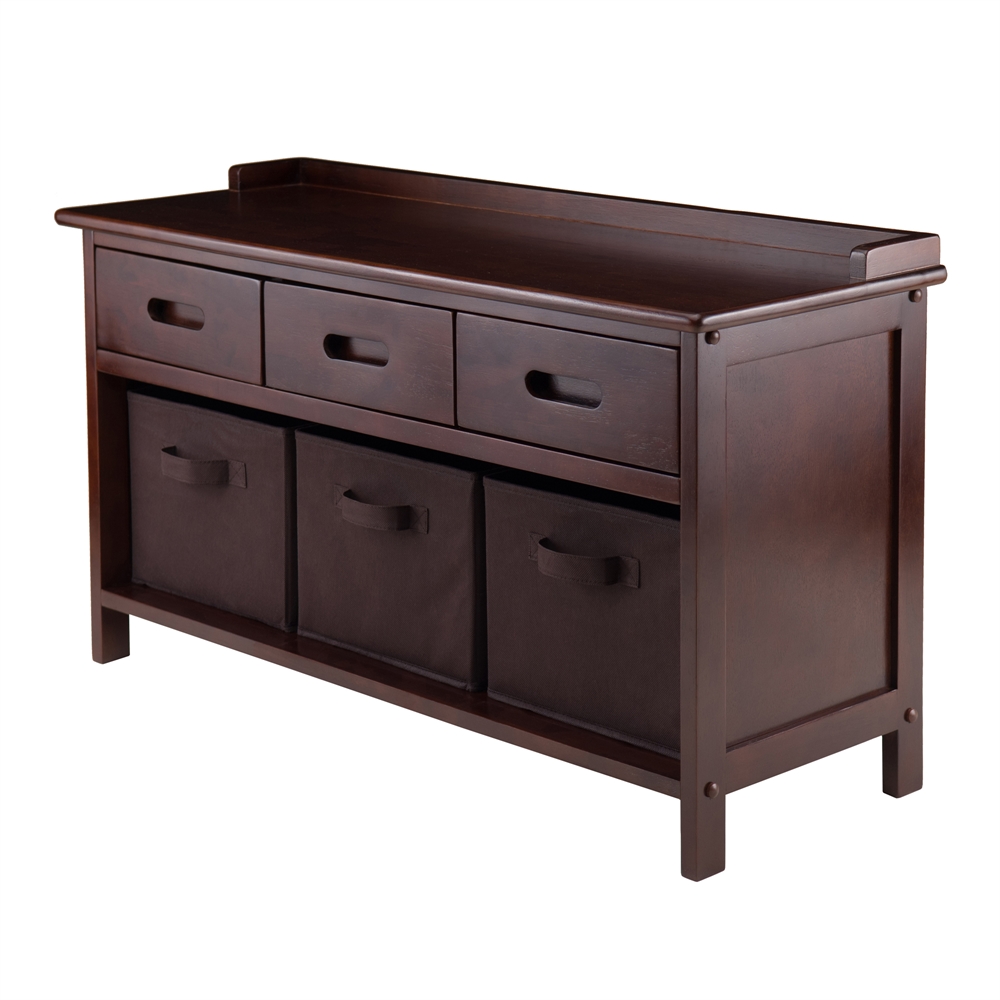 Adriana 4-Pc Storage Bench Set with 3 Foldable Chocolate Fabric Baskets. Picture 1