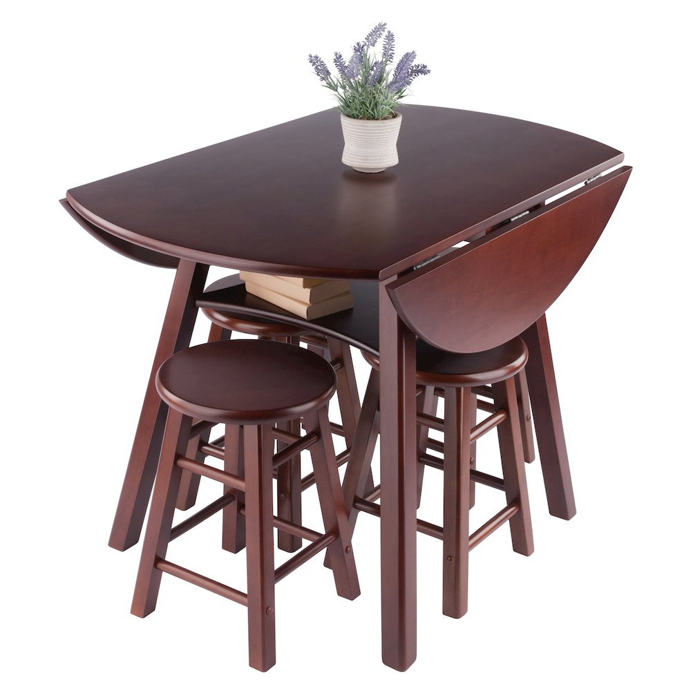 Marbelle Table 5-Pc Drop Leaf Dining Table, 4 Element 18” Dining Stools, Walnut. Picture 5