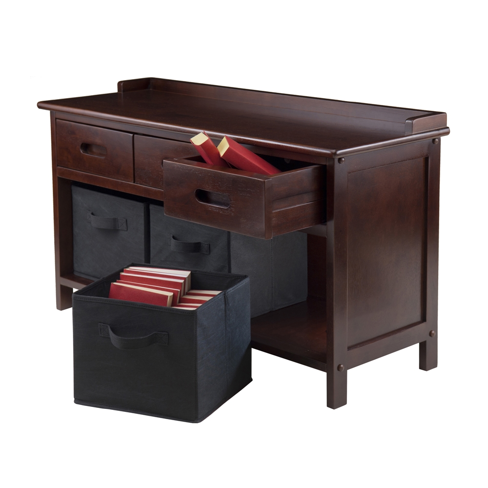 Adriana 4pc Storage Bench Set with 3 Foldable Black Fabric Baskets. Picture 2