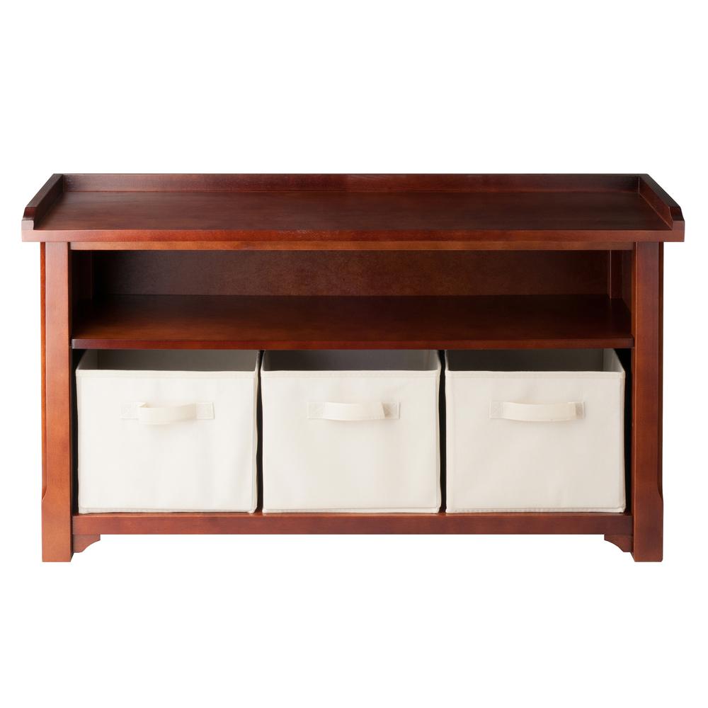 Verona Storage Bench with 3 Foldable  Beige Color Fabric Baskets. Picture 2