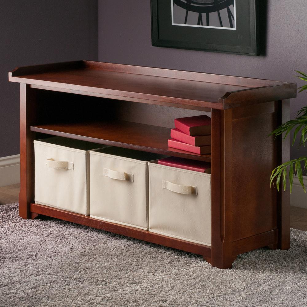 Verona Storage Bench with 3 Foldable  Beige Color Fabric Baskets. Picture 6