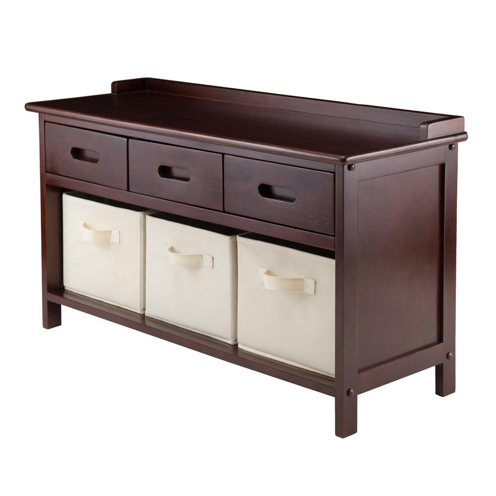 Adriana 4pc Storage Bench Set with 3 Foldable Beige Fabric Baskets. Picture 1