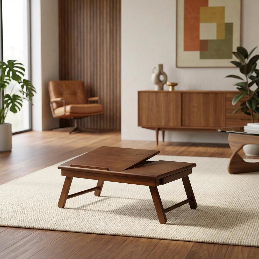 Flip Top Lap Desk, Foldable Legs, Tilting Surface, Storage Drawer, Brown. Picture 2