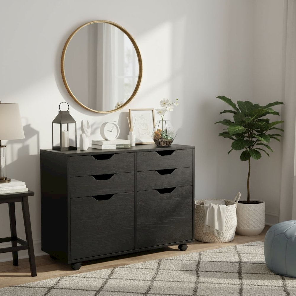 2 Section Mobile Cabinet, Black, 4 Drawers, Two Compartments, Casters. Picture 2