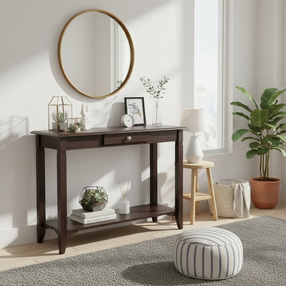 Console Table, Brown Drawer Shelf, Hallway Entryway Table, Solid Wood. Picture 3