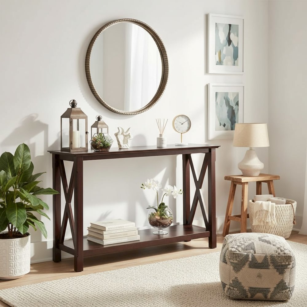 Console Table, Brown Open Shelf, Hallway Entryway Table, Solid Wood. Picture 2