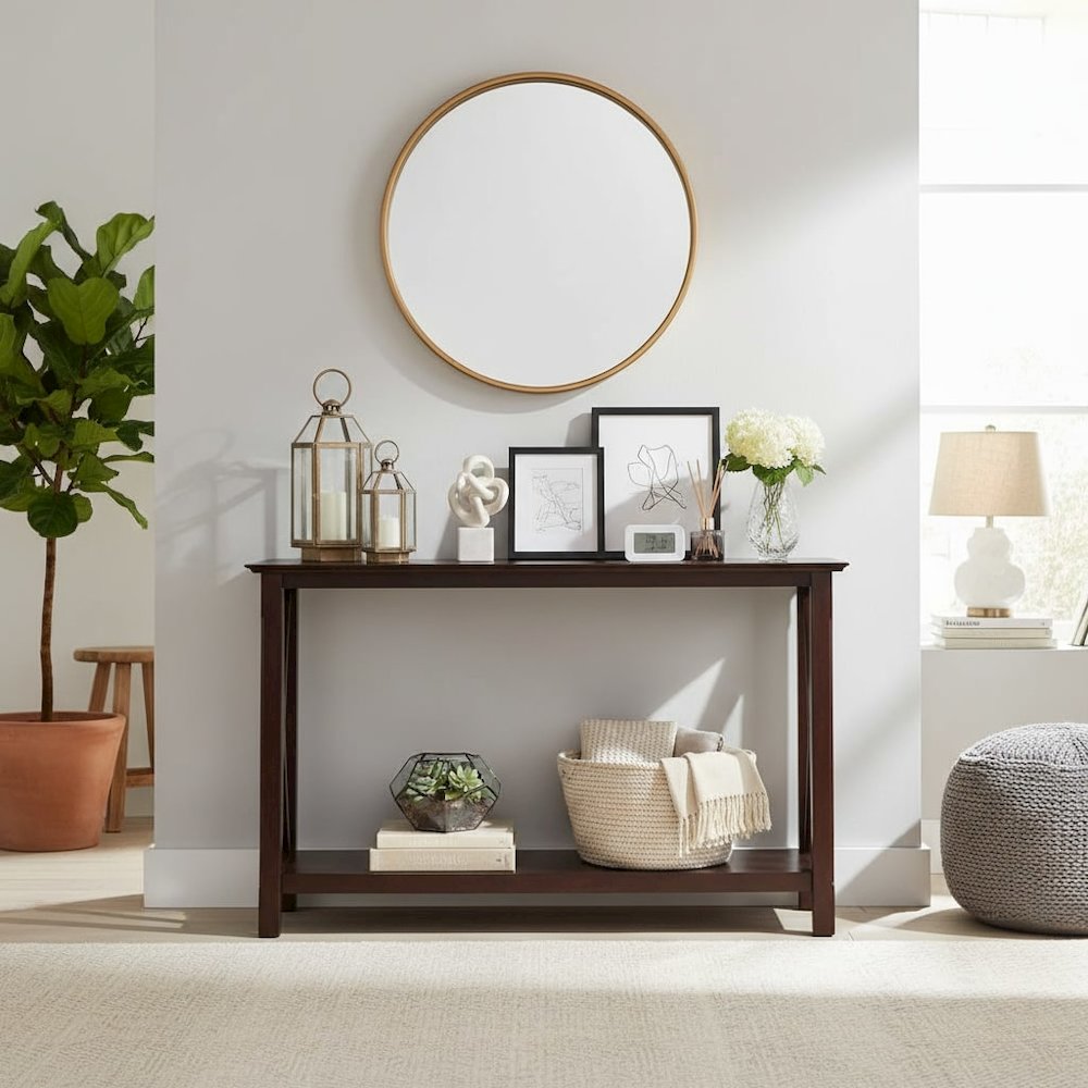 Console Table, Brown Open Shelf, Hallway Entryway Table, Solid Wood. Picture 3