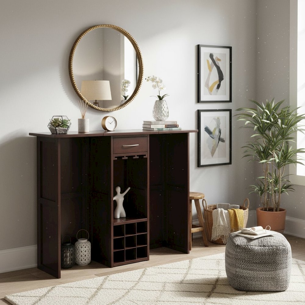 Wine Bar Cabinet, Walnut Finish, Nine Bottle Storage, Glasses Rack, Solid Wood. Picture 3