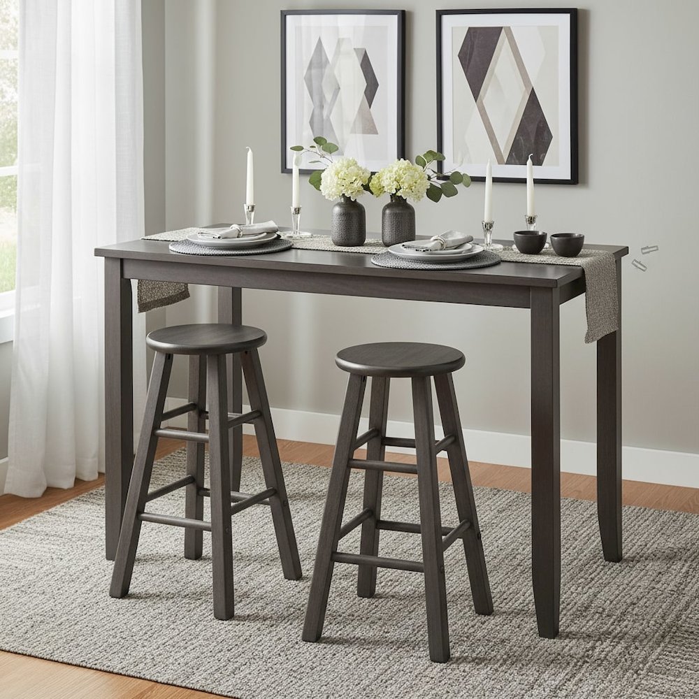 2-PC Counter Stool Set, Solid Wood, Round Seat, Squared Legs, 24 Inch Height. Picture 2