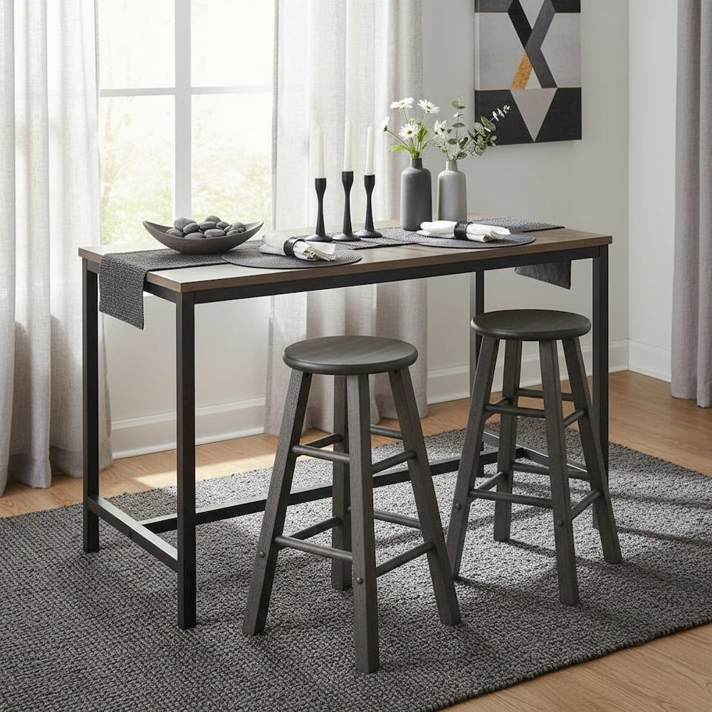 2-PC Counter Stool Set, Solid Wood, Round Seat, Squared Legs, 24 Inch Height. Picture 3