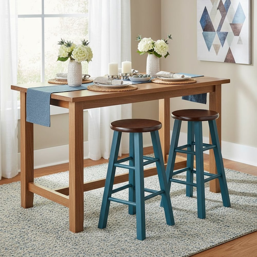 24" Rustic Teal Counter Stool, Round Solid Wood Seat, Fully Assembled. Picture 2
