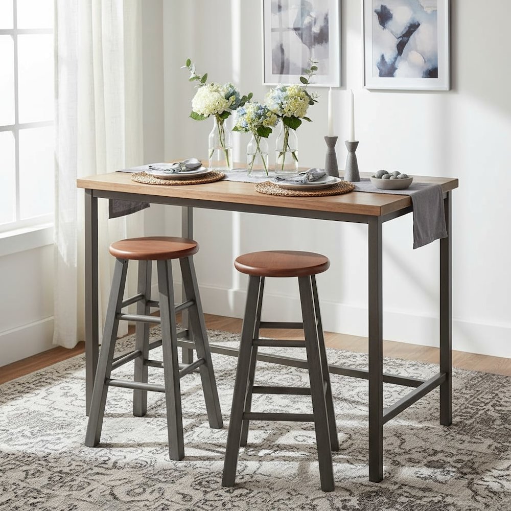 24" Solid Wood Counter Stool, Weathered Gray/Rustic Teak Finish. Picture 2