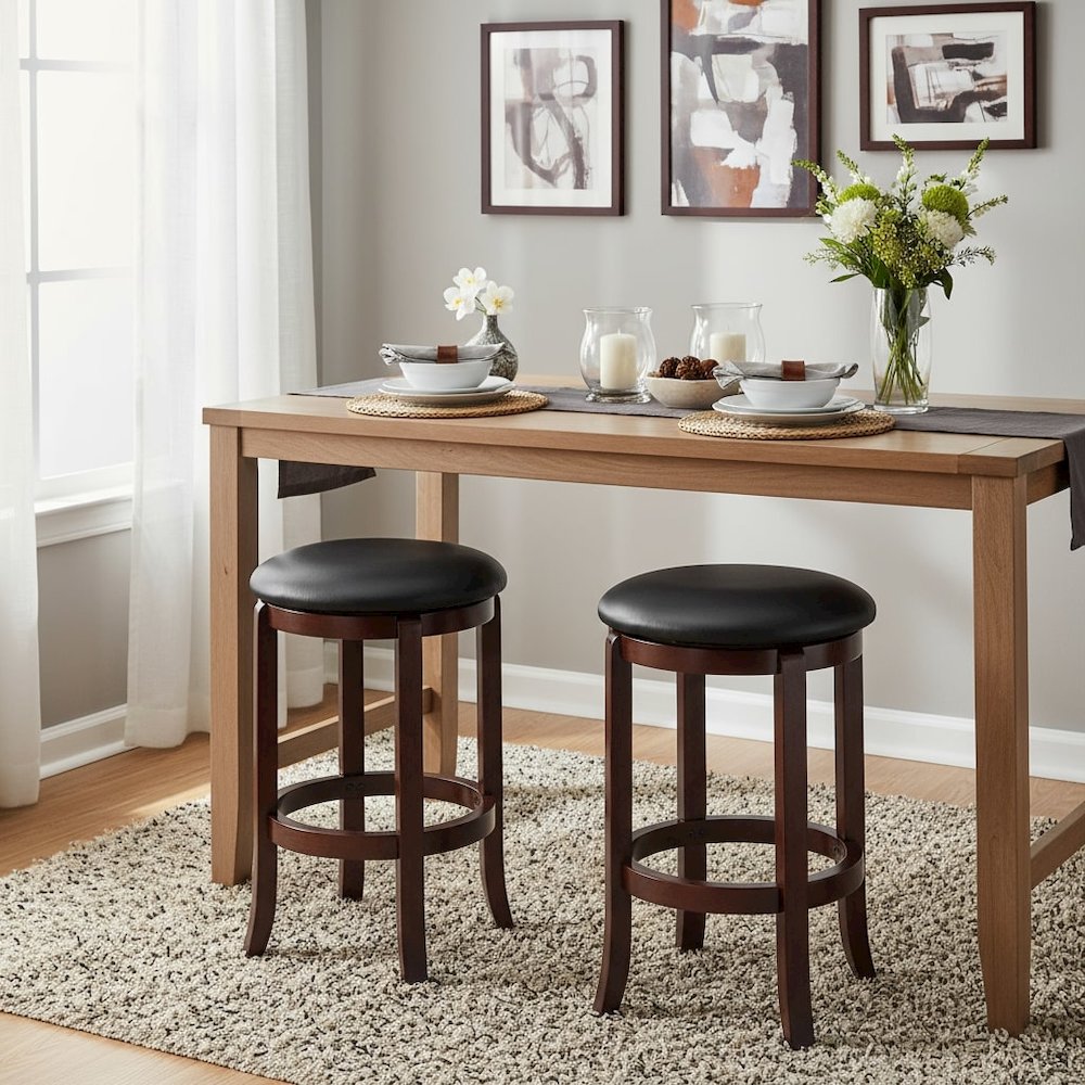 Swivel Counter Stool, Black Seat, Solid Wood Walnut Finish, 24 Inch Height. Picture 2