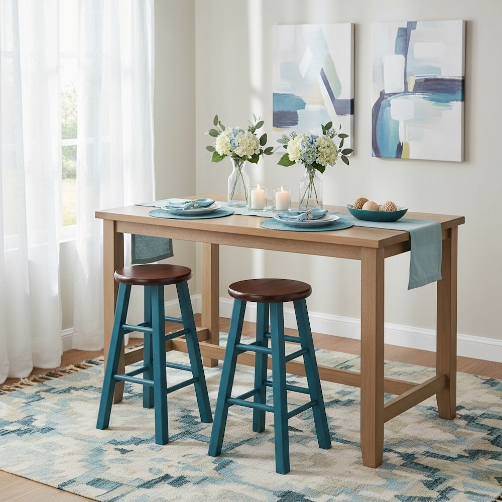 24" Rustic Teal Counter Stool, Round Solid Wood Seat, Fully Assembled. Picture 3