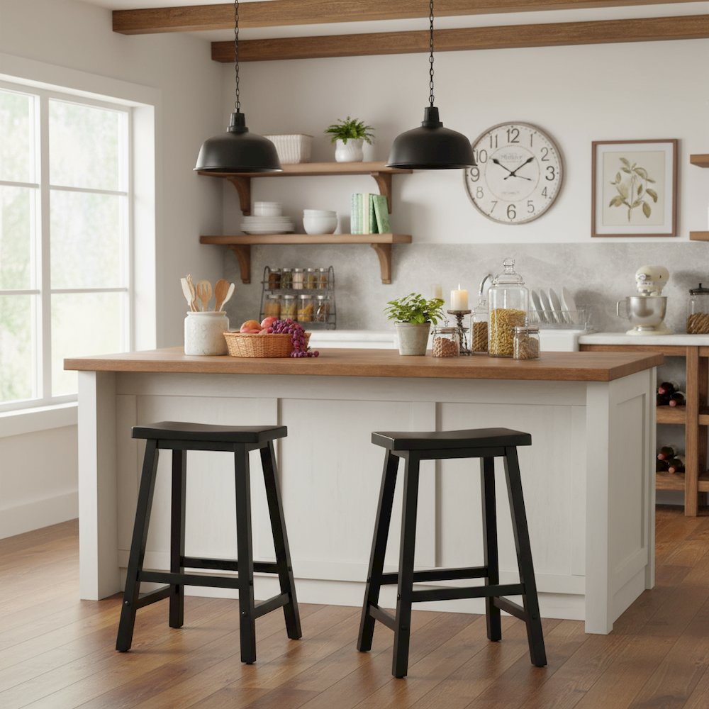 Black Solid Wood Saddle Seat Bar Stool, 24 Inch Stool for Counter Dining. Picture 2