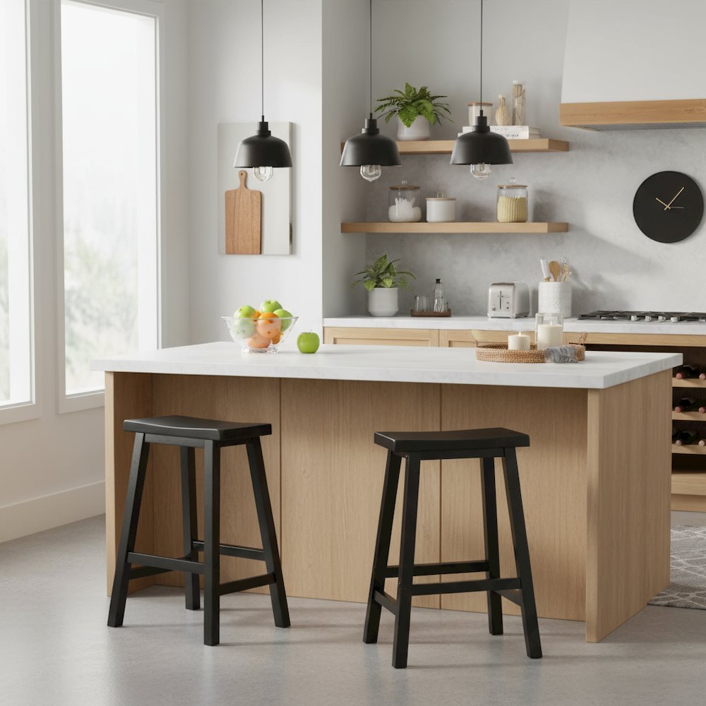 Black Solid Wood Saddle Seat Bar Stool, 24 Inch Stool for Counter Dining. Picture 3
