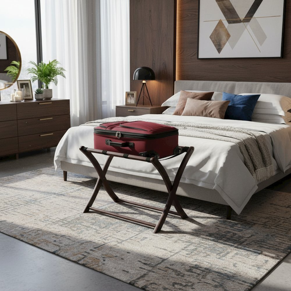 Dark Espresso Solid Wood Folding Luggage Rack for Suitcases with Sturdy Straps. Picture 2