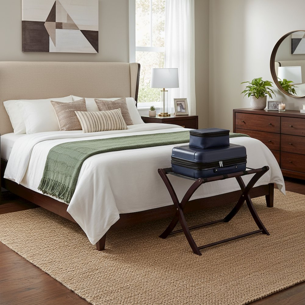 Dark Espresso Solid Wood Folding Luggage Rack for Suitcases with Sturdy Straps. Picture 3