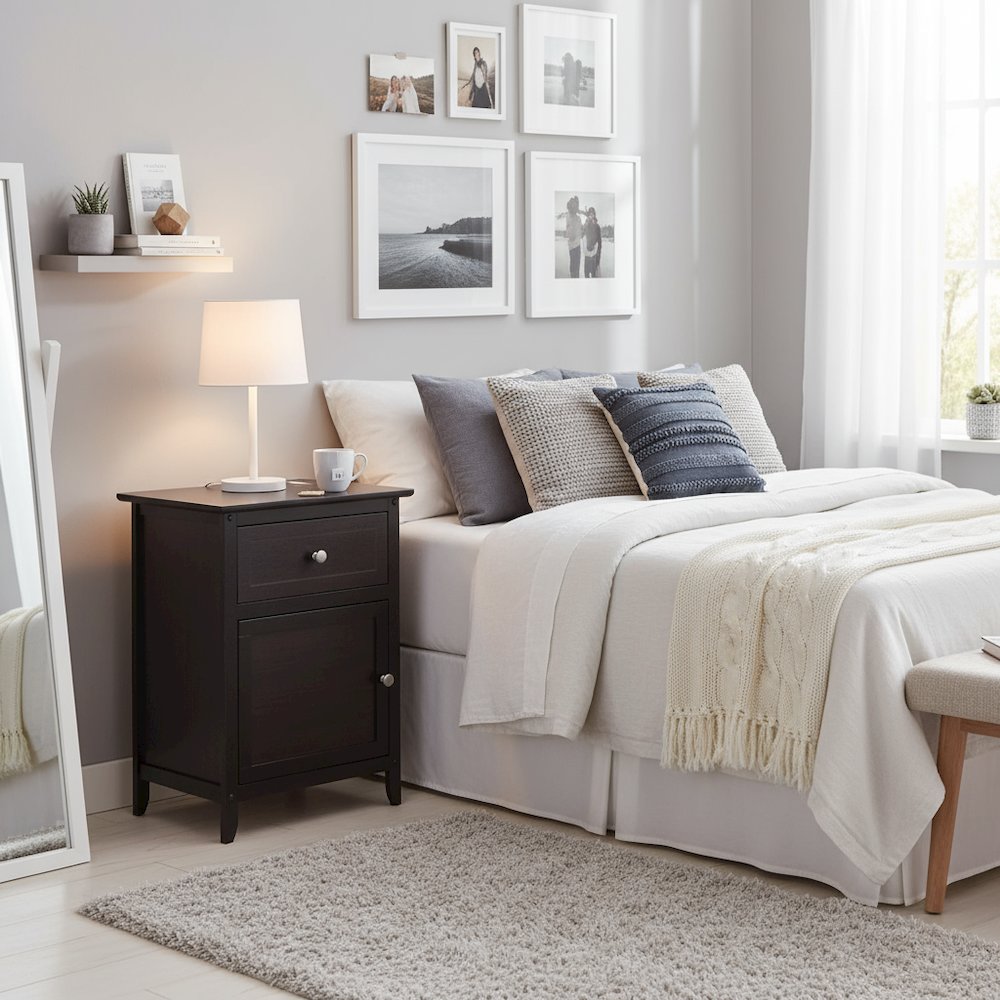 Farmhouse End Table With Storage Espresso Finish, Wooden Side Table And Drawer. Picture 2