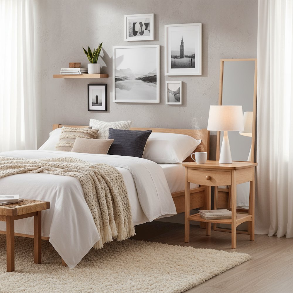 Mid Century Nightstand In Solid Wood Natural Finish With Drawer And Shelf. Picture 2