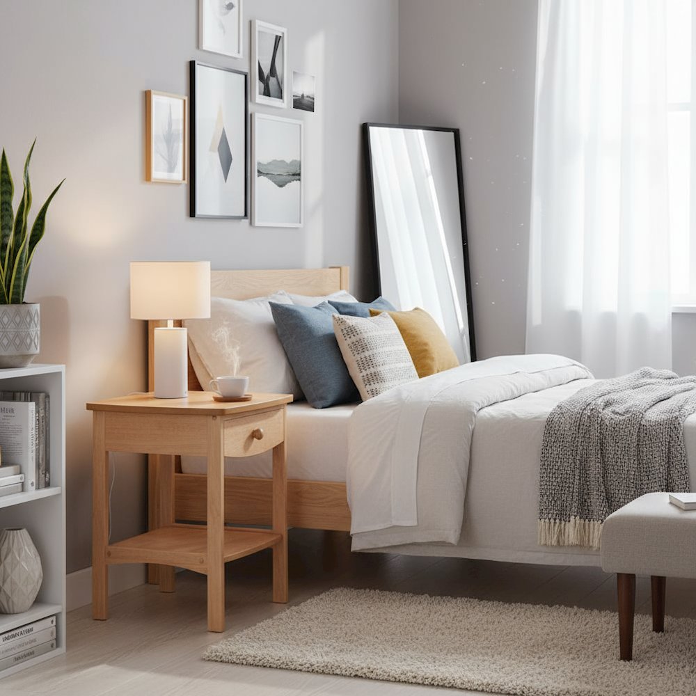 Mid Century Nightstand In Solid Wood Natural Finish With Drawer And Shelf. Picture 3