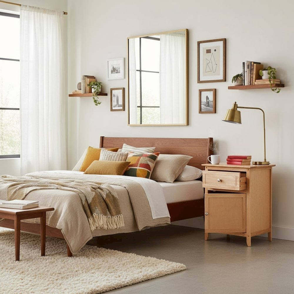 Natural Accent Table with Drawer and Cabinet, Compact Nightstand. Picture 2