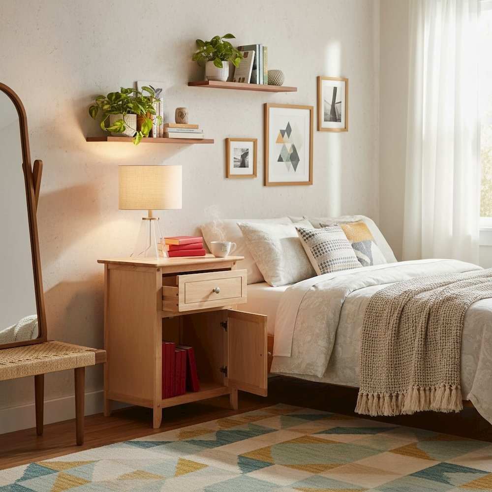 Natural Accent Table with Drawer and Cabinet, Compact Nightstand. Picture 3